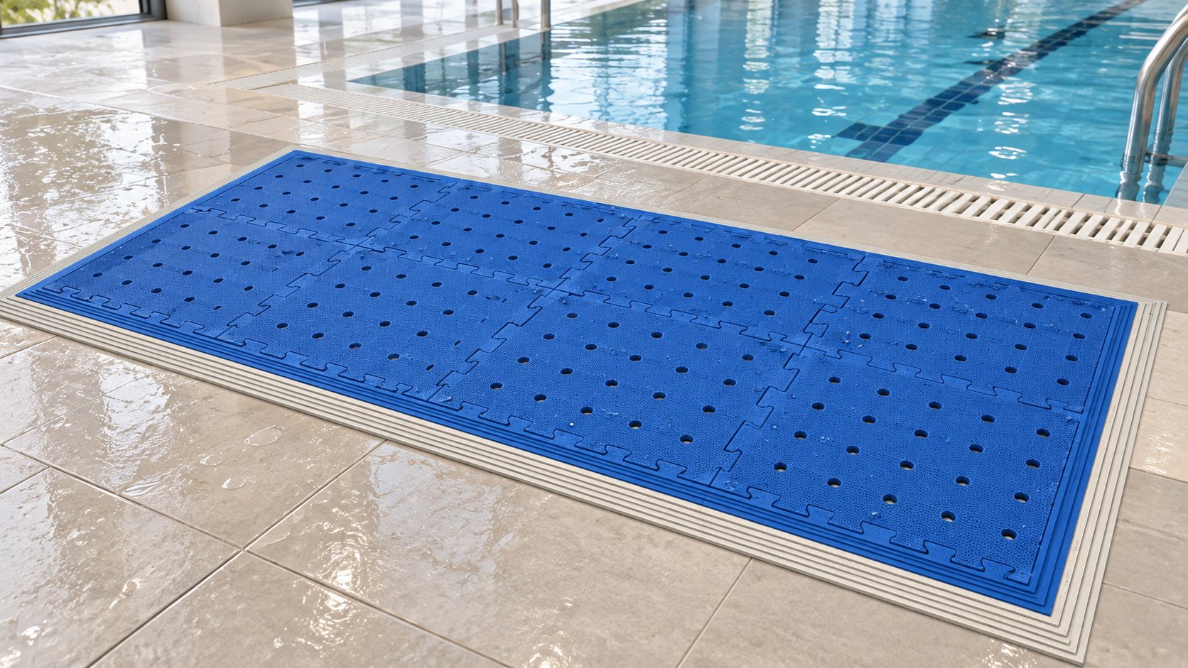Visualisierung: blaue PORA-Standmatte aus Puzzleteilen mit Lochraster und hellgrauer Randrampe am Beckenrand eines Hallenbads